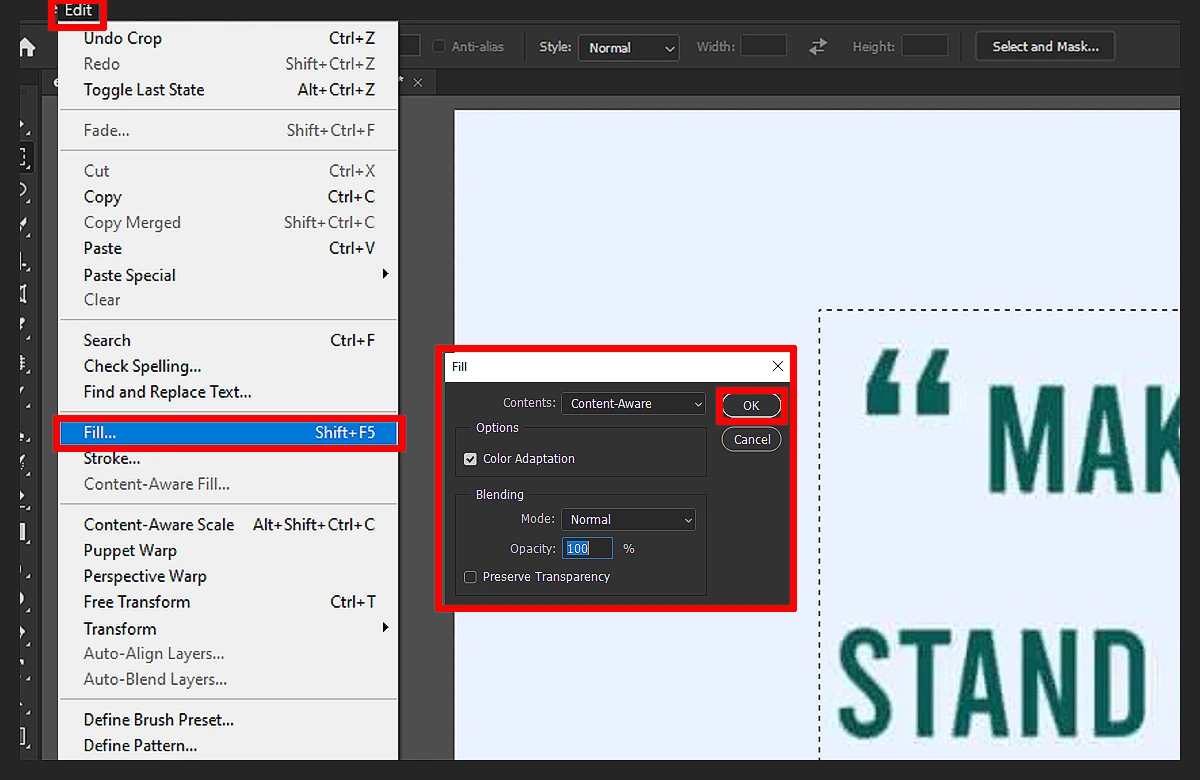 how to edit words out of a picture Apply the ‘Content-Aware Fill’