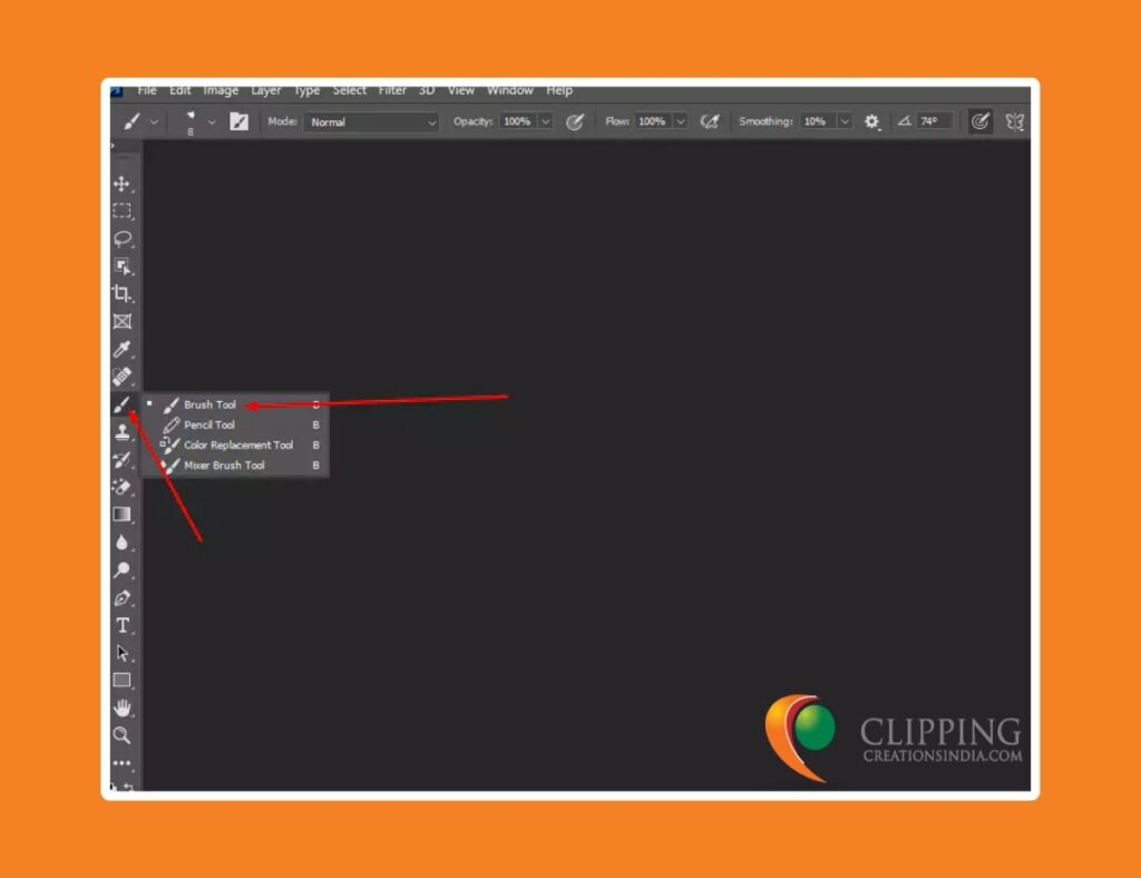 Photoshop interface showing selection of the brush tool highlighted with red arrows.